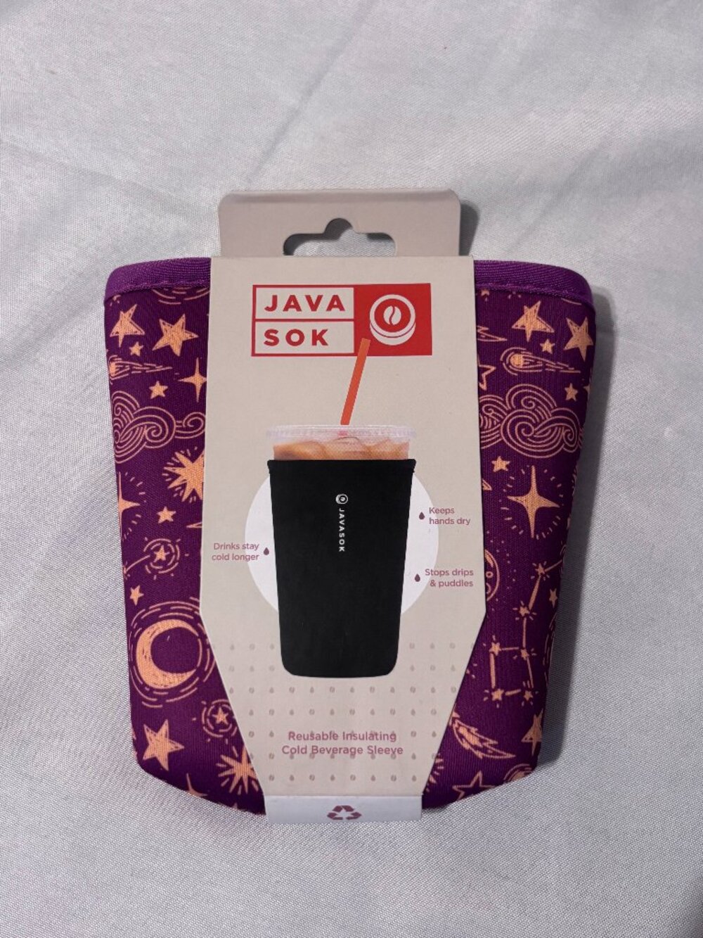 JavaSok Medium Reusable Cold Beverage Sleeve – Purple Celestial Print – New